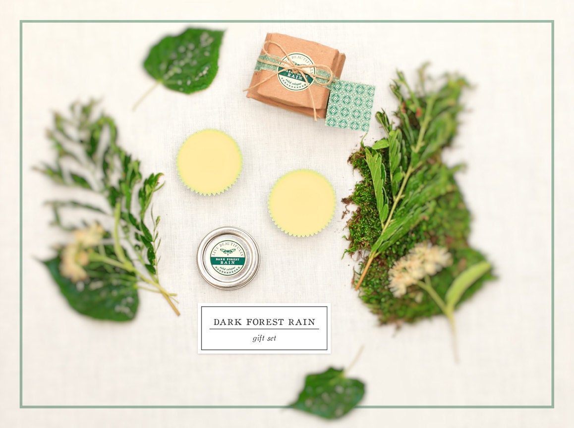 Natural Cologne and Lotion Bars - Live Beautifully Gift Set, Dark Forest Rain - Masculine, Earthy, and Citrus