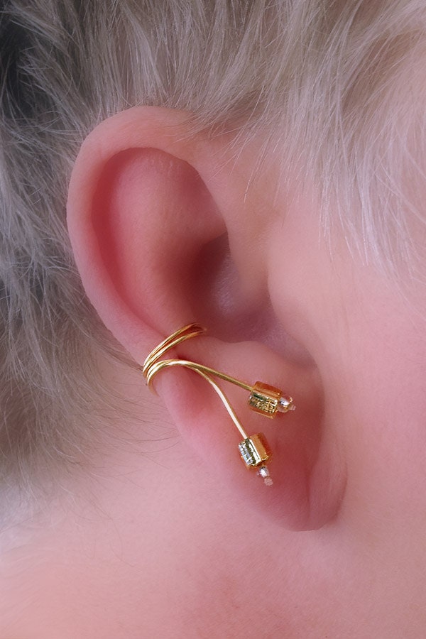 Ear Cuff pair/ Gold foil lined golden glass beads