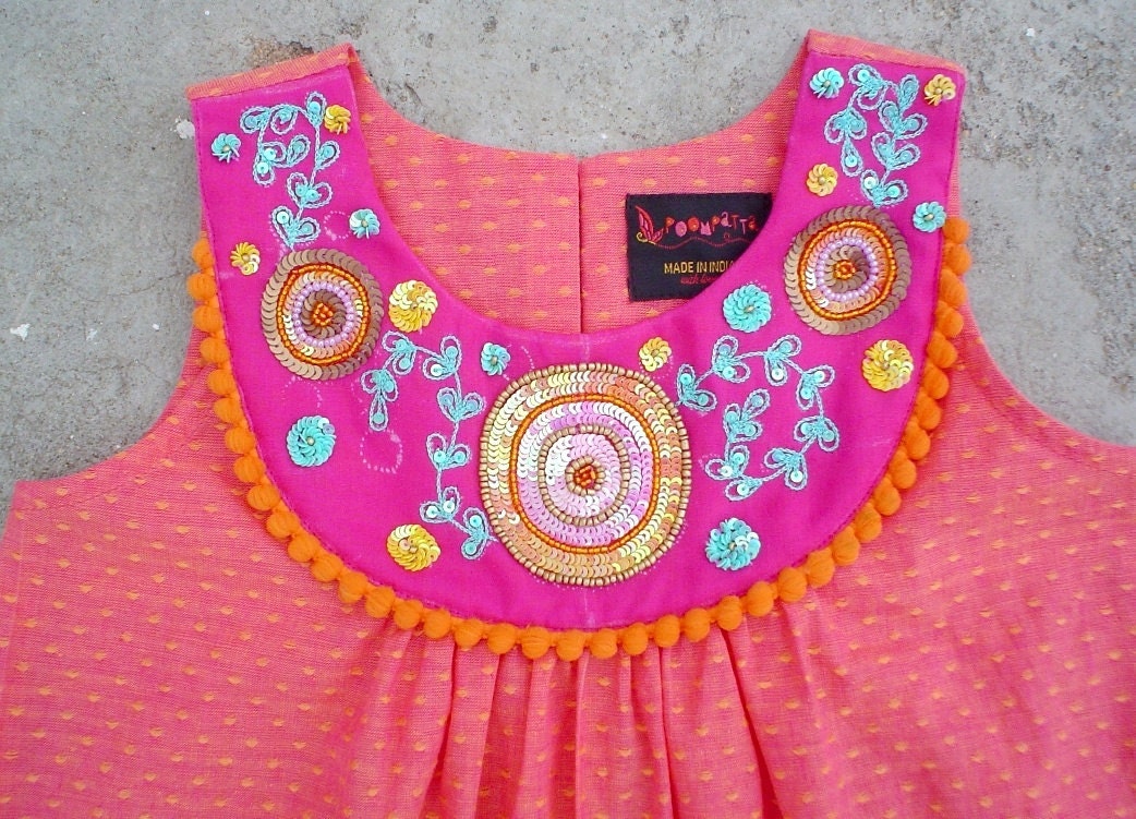 SALE-Girls dress PINK GOLA size 2T 3T girls 5 7 8- Indian hand embroidery on the Bib neck