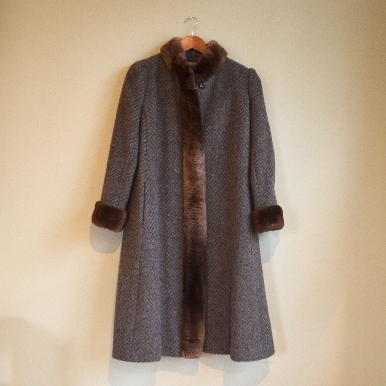 Long Wool Coat With Sheared Faux Fur // Herringbone //1960s // Mad Men