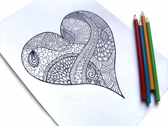 Printable Coloring Page, Zentangle Inspired Valentines Printable- Page 1: Zendoodle Heart