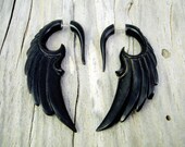 Fake Gauge Horn Earrings Wings Black Angel Tribal Earrings - Gauges Black Horn - FG002 H