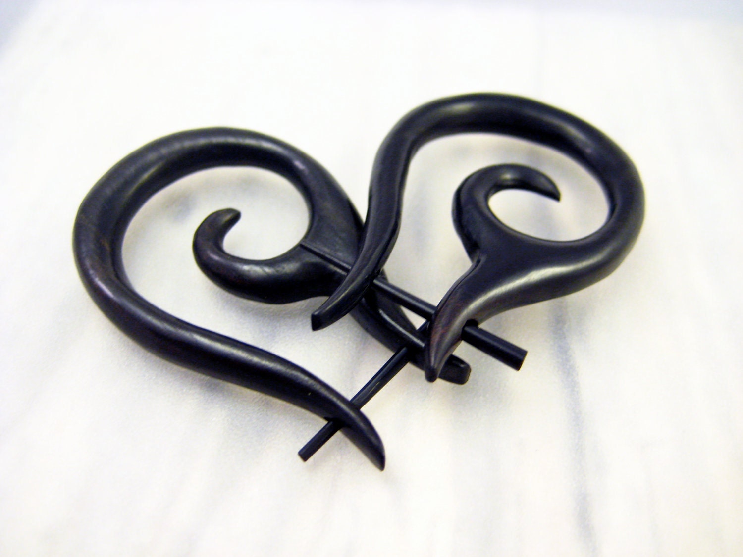 Post Earrings Wood Hand Carved Spiral Drop Curl Black Horn Tribal Style - Natural Body Jewelry - PE001 BW