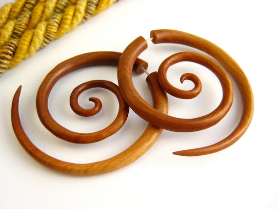 Fake Gauge Earrings Wooden Double Spiral Tribal Earrings - Gauges Plugs Bone Horn - FG029 W