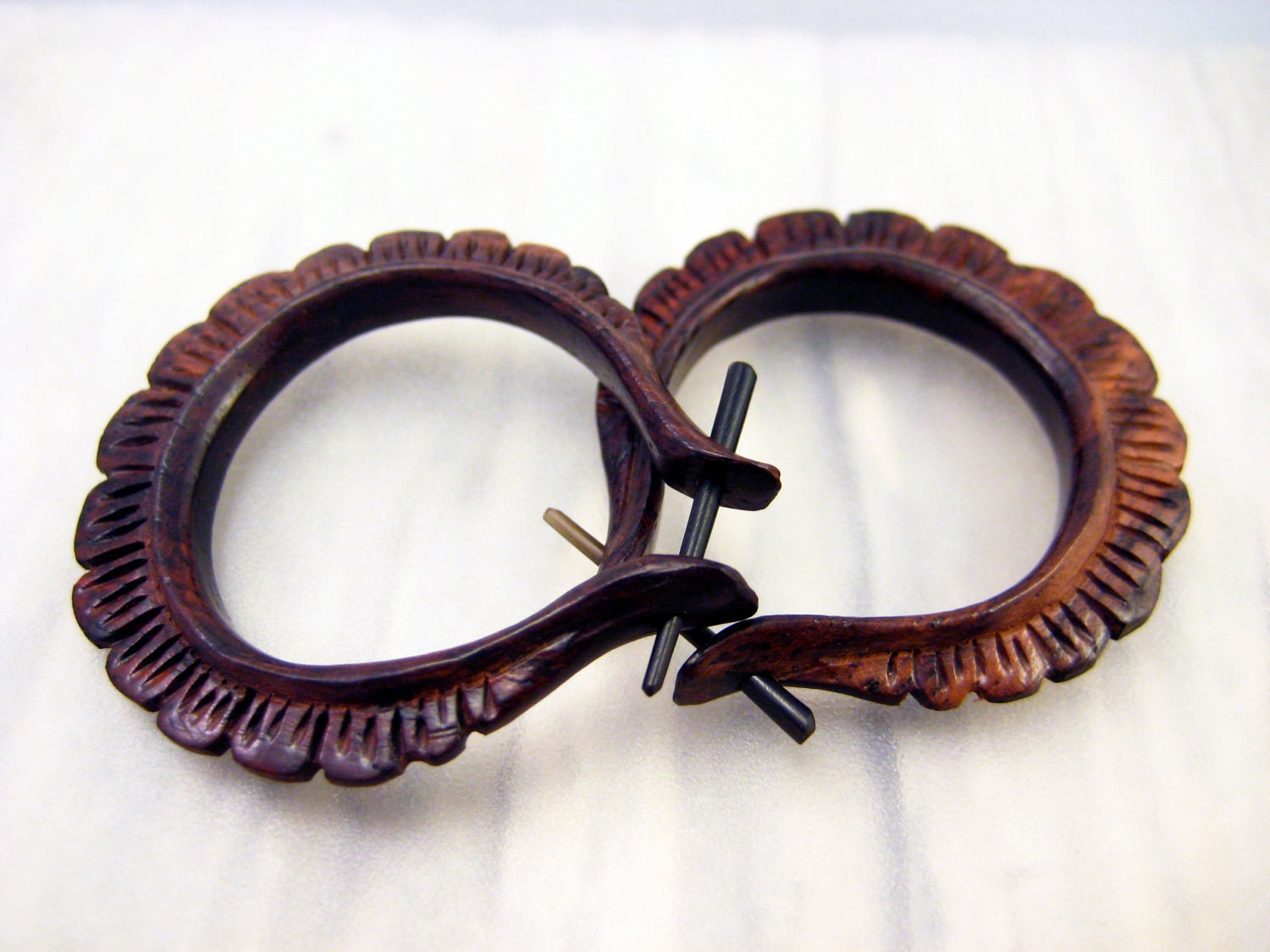 Oval Hoop Hand Carved wood Post Earrings Tribal Style - Gauges Plugs Bone Horn - PE004 RW