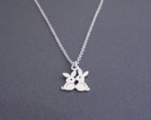 Cute Sterling Silver Kissing Two Bunnies-16k White Gold Plated Necklace
