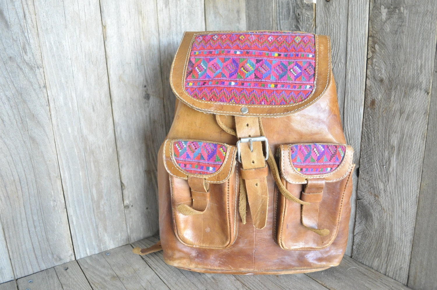 Natural Leather Backpack w South American Design Fabric