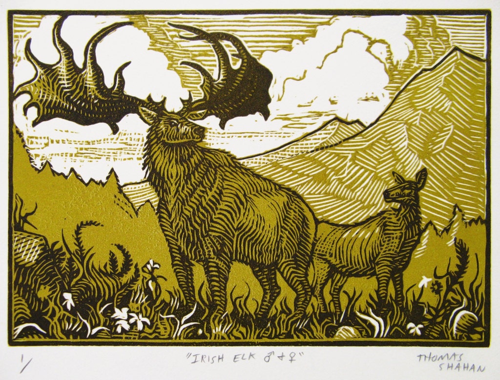 Irish Elk - 2 Color Reduction Linocut - Thomas Shahan