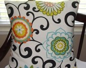 Designer Throw Pillow Cover Pom Pom Play Confetti Floral 20"x20" Big Bold Orange Green Turquoise Yellow Flowers