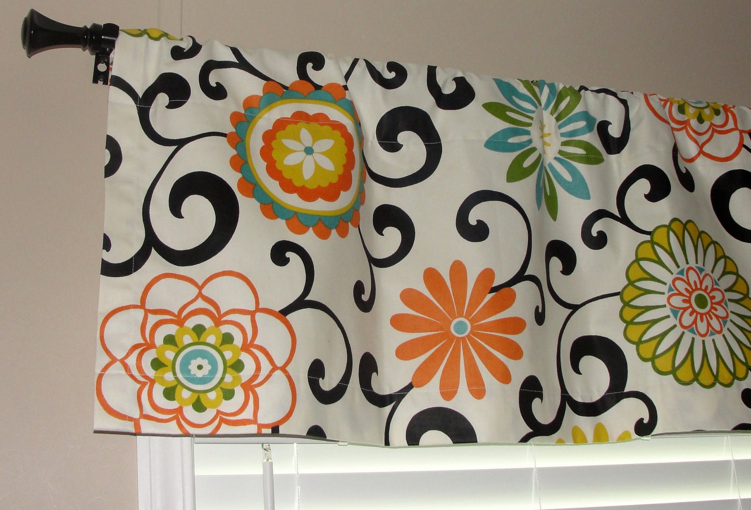 Waverly Pom Pom Play Confetti Valance 50" wide x 16" long Big Bold Flowers Lined with Cotton Muslin Orange Green Turquoise Yellow Black
