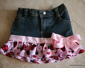 SALE, 33% OFF:   18 months Up-cycled jean skirt with ladybug fabric and pink ribbon