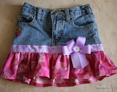 SALE, 33% OFF:   3T Up-cycled jean skirt with butterfly fabric and purple ribbon
