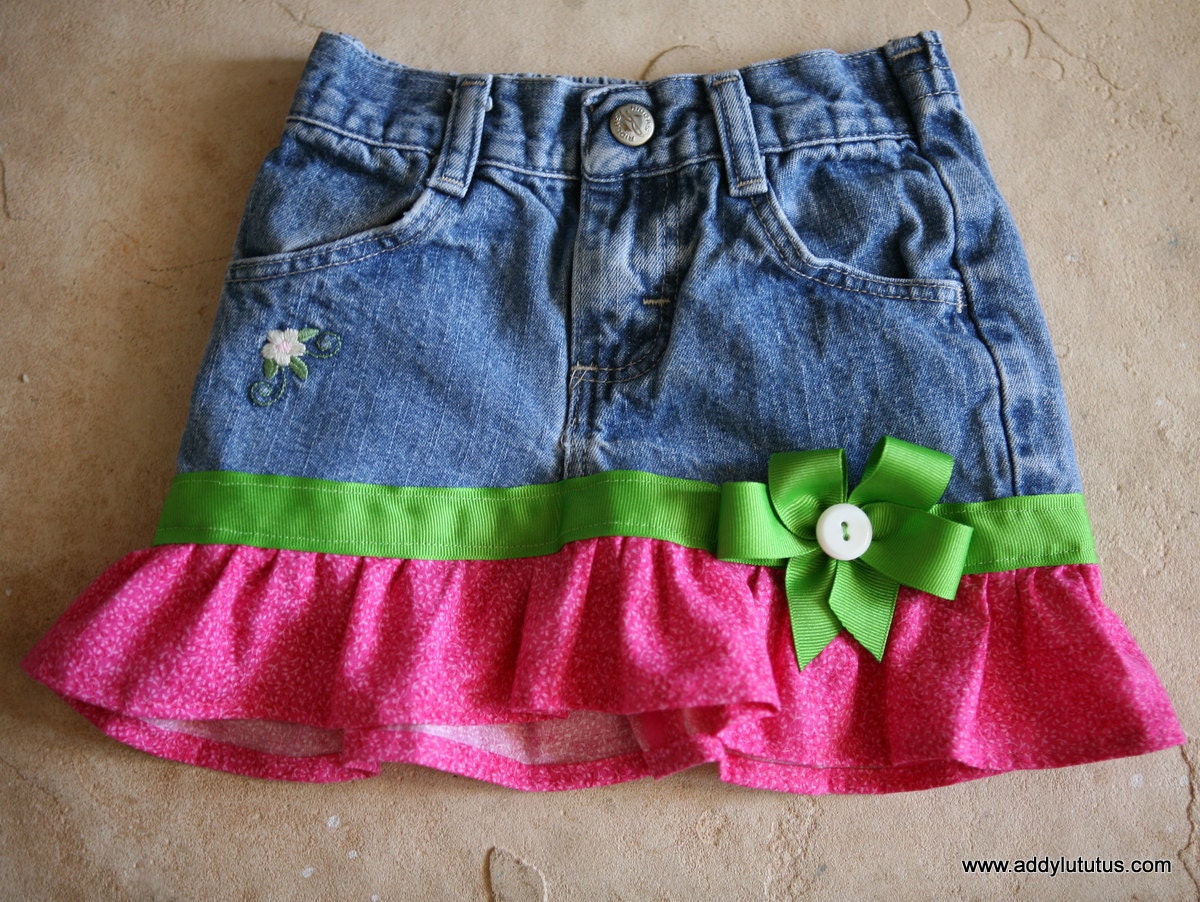 SALE, 33% OFF:   2T Up-cycled jean skirt with hot pink fabric and green ribbon
