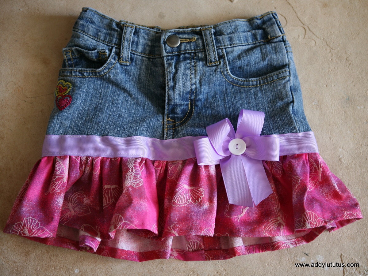 SALE, 33% OFF:   3T Up-cycled jean skirt with butterfly fabric and purple ribbon