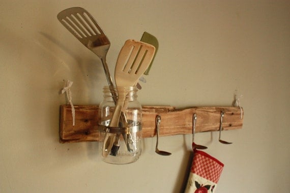 Rescued Pallet Wood - Wall Hanging - Storage for Kitchen Utensils -Flower Vase - Salvaged Mason Jar - Spoon Hooks