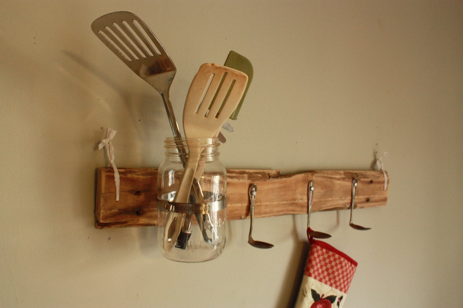 Rescued Pallet Wood - Wall Hanging - Storage for Kitchen Utensils -Flower Vase - Salvaged Mason Jar - Spoon Hooks