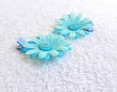 Blue Hair Clips - Buttons & Flowers - set of 2
