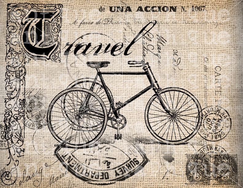 Antique Travel Victorian Bicycle Postmarks Illustration Digital Download for Papercrafts, Transfer, Pillows, etc Burlap No 2409