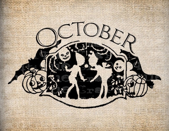 Antique Halloween Party Trick or Treat October Sign Ornate Digital Download for Papercrafts, Transfer, Pillows, etc Burlap No 3123