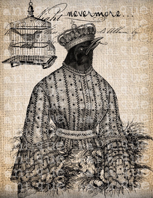 Antique Poe Raven Nevermore Strange Bird Halloween Illustration Digital Download for Papercrafts, Transfer, Pillows, etc Burlap No 3637