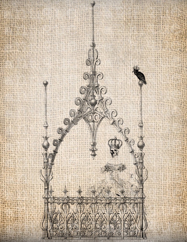 Antique Skeleton Skull Girl Crown Raven Halloween All Hallows Eve Digital Download for Papercrafts, Transfer, Pillows, etc Burlap No 3099