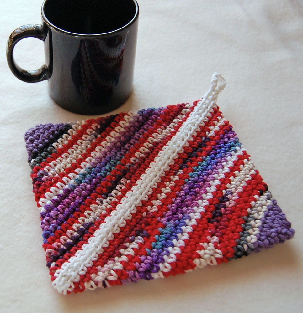 Crochet Hot Pad, Pot Holder - Cotton - Red and Purple Scrappy Stripes