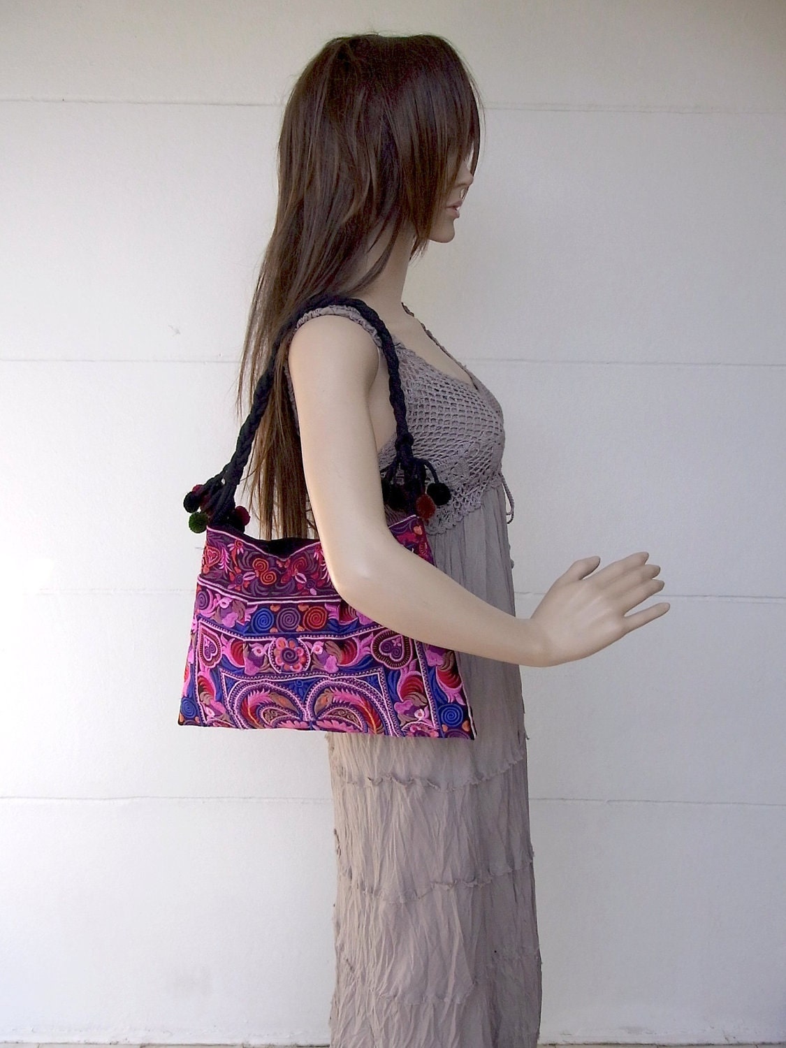 Magenta Pink Shoulder Tote Bag Purse Hill Tribe Thailand FAIR Trade Handmade Pom Pom Strap (BG127-PIB)