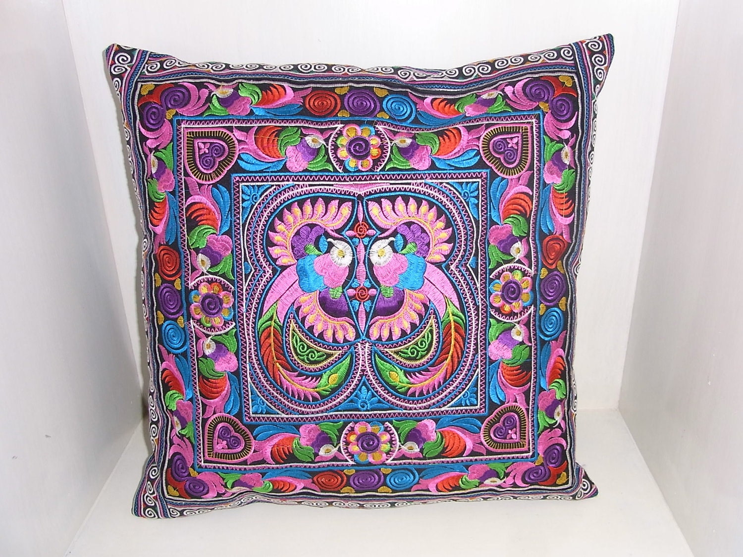 Pillow Cushion Cover HMONG Hill Tribe Thailand FAIR Trade Handmade Candy Birds (CS011-MUB)