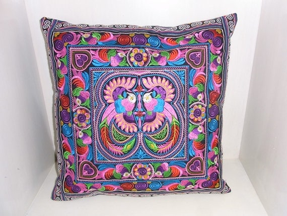 Cushion Cover HMONG Hill Tribe Thailand FAIR Trade Handmade Candy Birds (cs011mub)