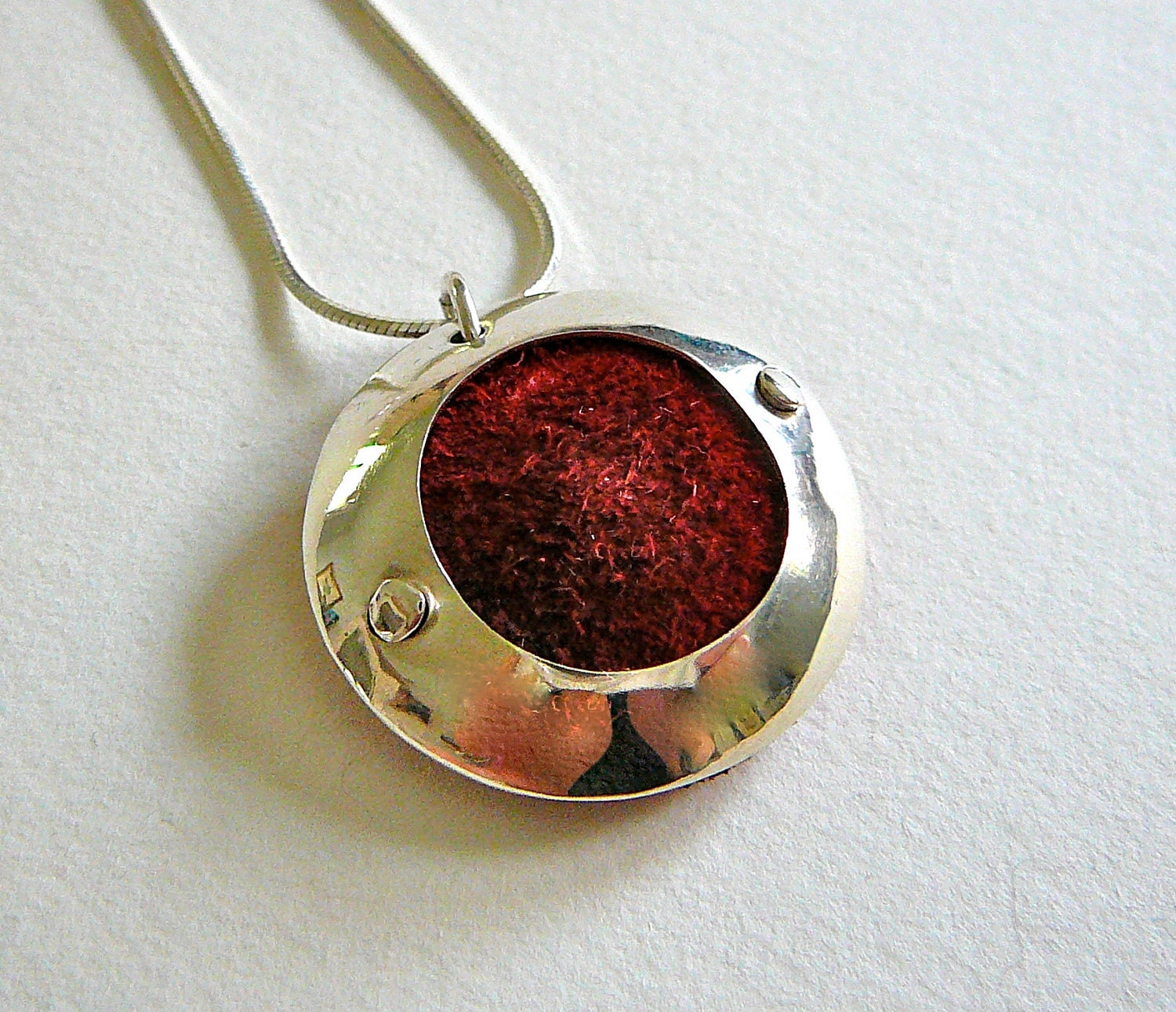 Red Leather Suede Circle Sterling Pendant