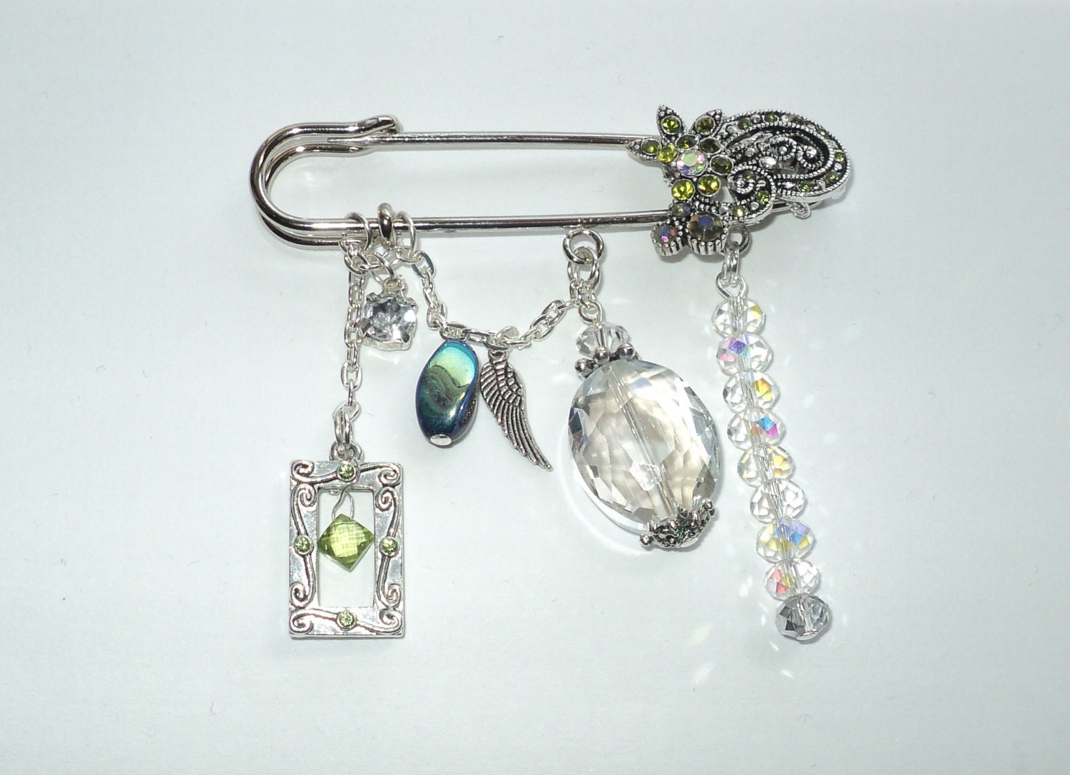 OOAK artisan swarovski peridot crystal kilt pin brooch