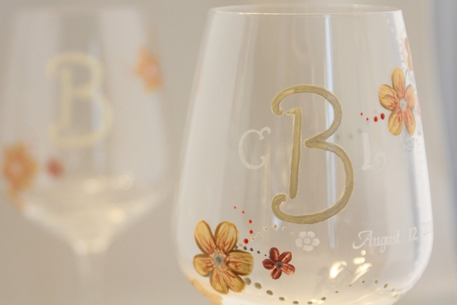 Set of 2- Hand Painted Wine Glass: Delicate Floral Wedding Design, Customized to order