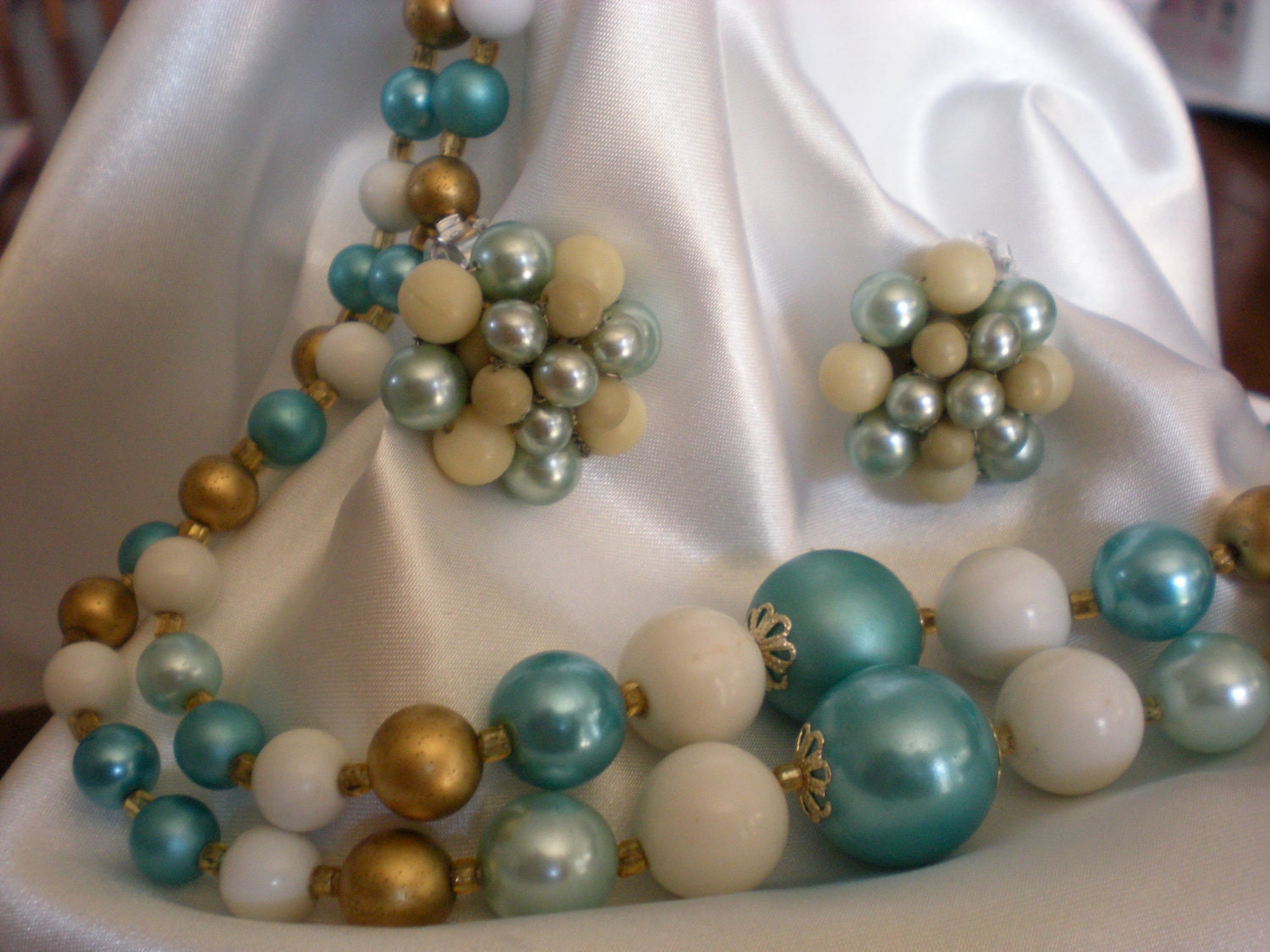 Blue, white and gold beaded choker with complimenting beaded earrings sale price