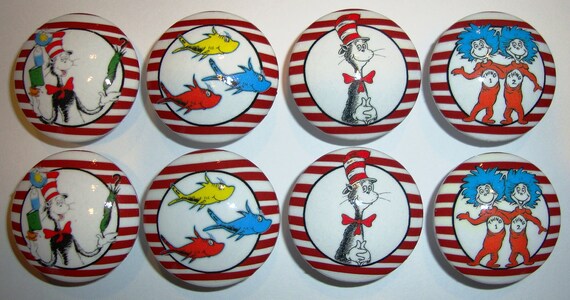 Handmade Red Stripe Dr Seuss Dresser Drawer Knobs - Set of 8
