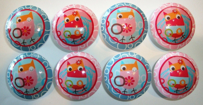 Handmade Zutano Owl Dresser Drawer Knobs - Set of 8