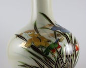 vase asian ceramic glass vintage 1980s bird and flowers creamy white oriental decor & housewares