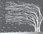 Modern wall decal white tree blowing leaves wall decal 108" wide by 90" high -