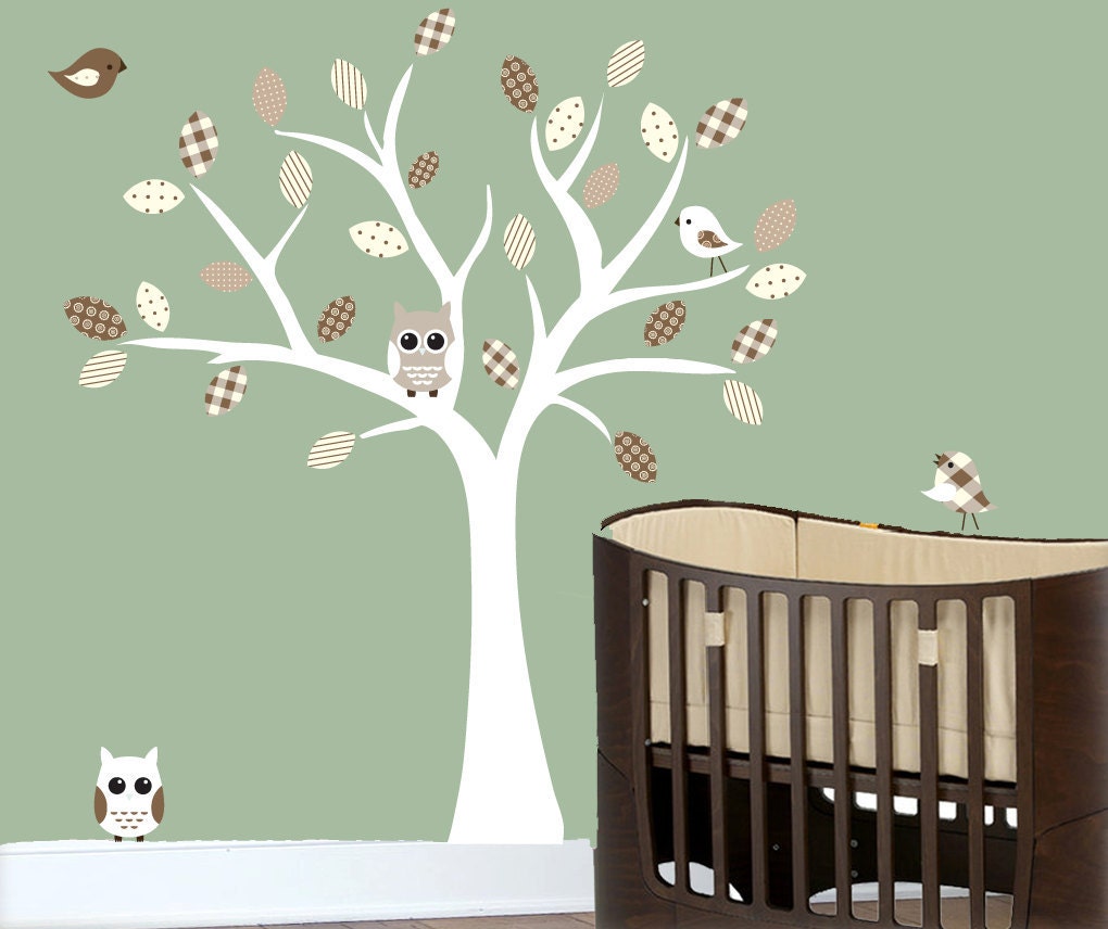 Childrens wall decals nursery white tree wall decal patterned leaves vinyl wall decal art -