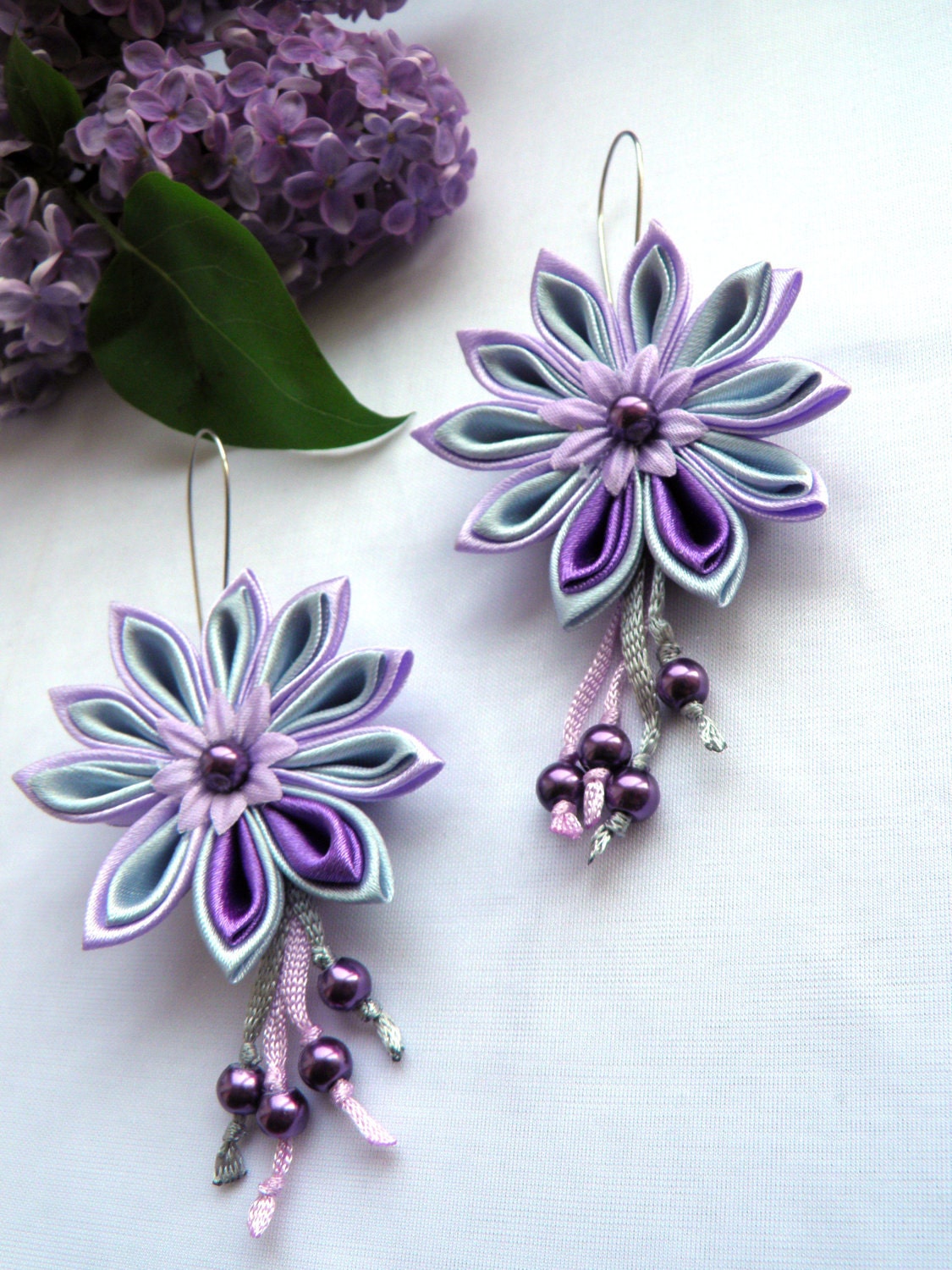 Kanzashi Earrings / Fabric Jewellery / lilac purple / spring fashion/ gift for her - Marywool