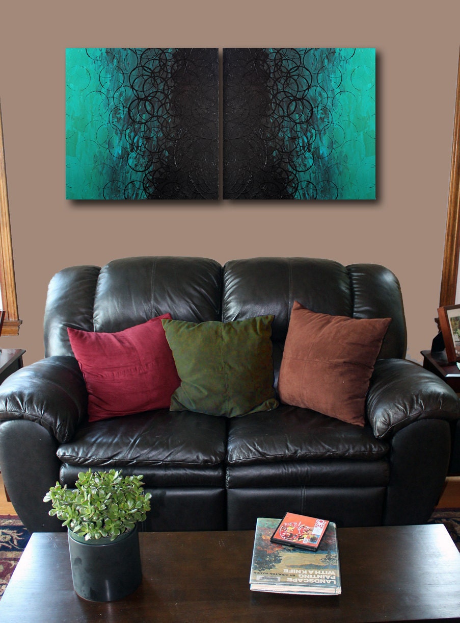 Original Modern Abstract Black and Teal Circles 20x20