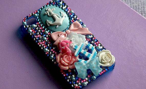 Custom Made Nautical Theme Case with Anchors, Bows, Flowers and Colourful gems - Request this case for ANY phone