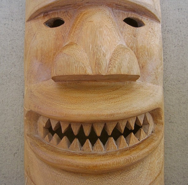 Scary Grin Handmade Polished Wood Carved TIKI MASK Wall Hanging for Man Cave