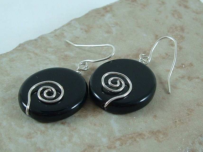 Earrings, Black glass with sterling silver wire, wrapped....10-ESGL-010