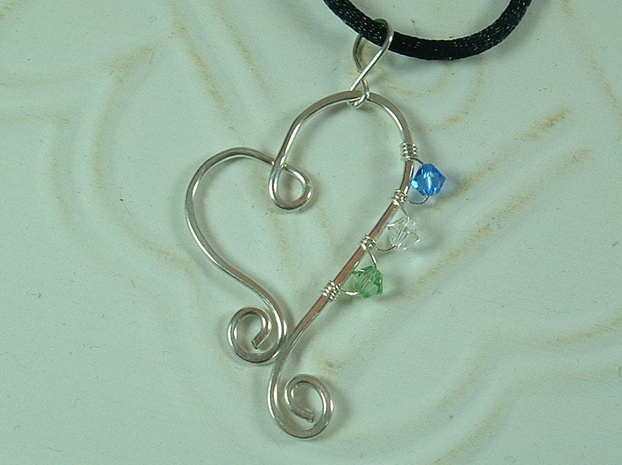 Personalized Birthstone Heart Pendant- hammered silver filled wire and three Swarovski crystals-Mother's Love pendant