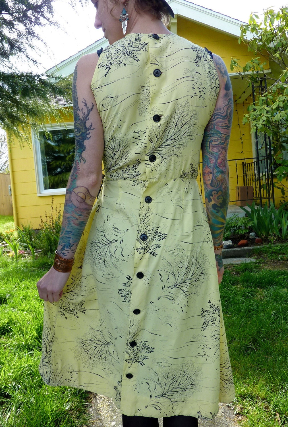 50s Marjorie Montgomery California Pale Yellow  Button Back Dress