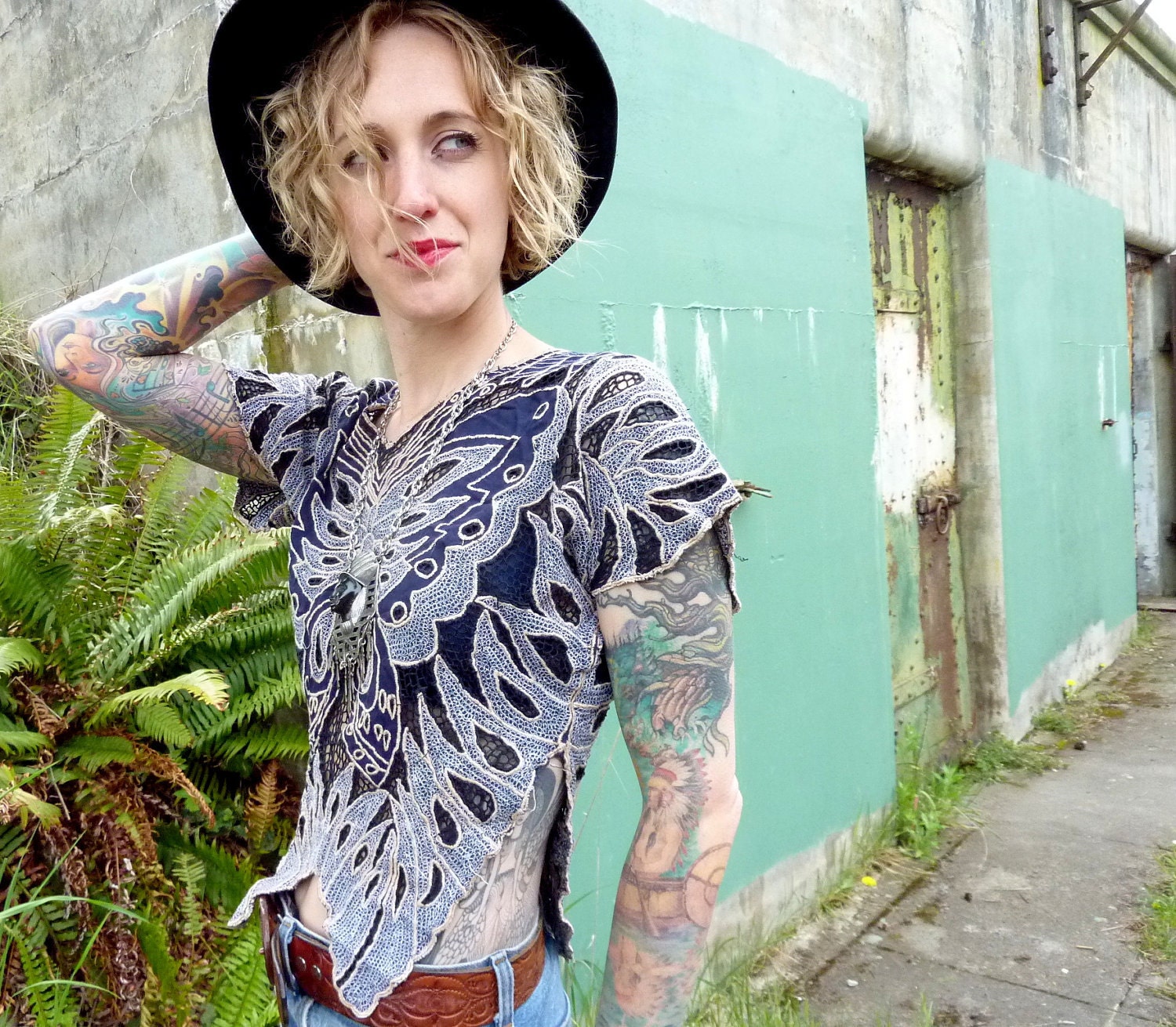 70s Knit Disco Butterfly Cropped Blouse