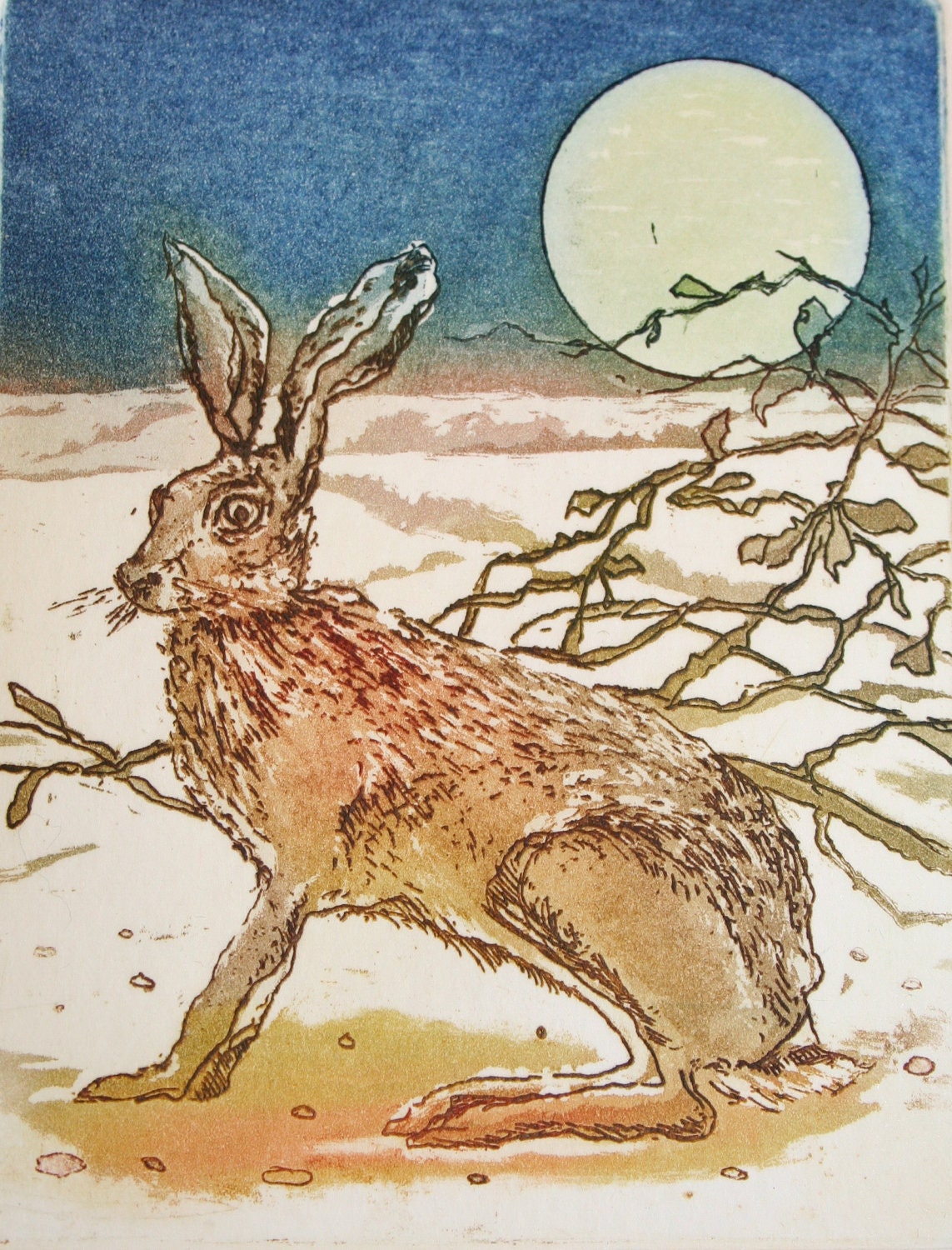 March Hare, Moonlit Hare , Etching with Aquatint printed A La Poupee.