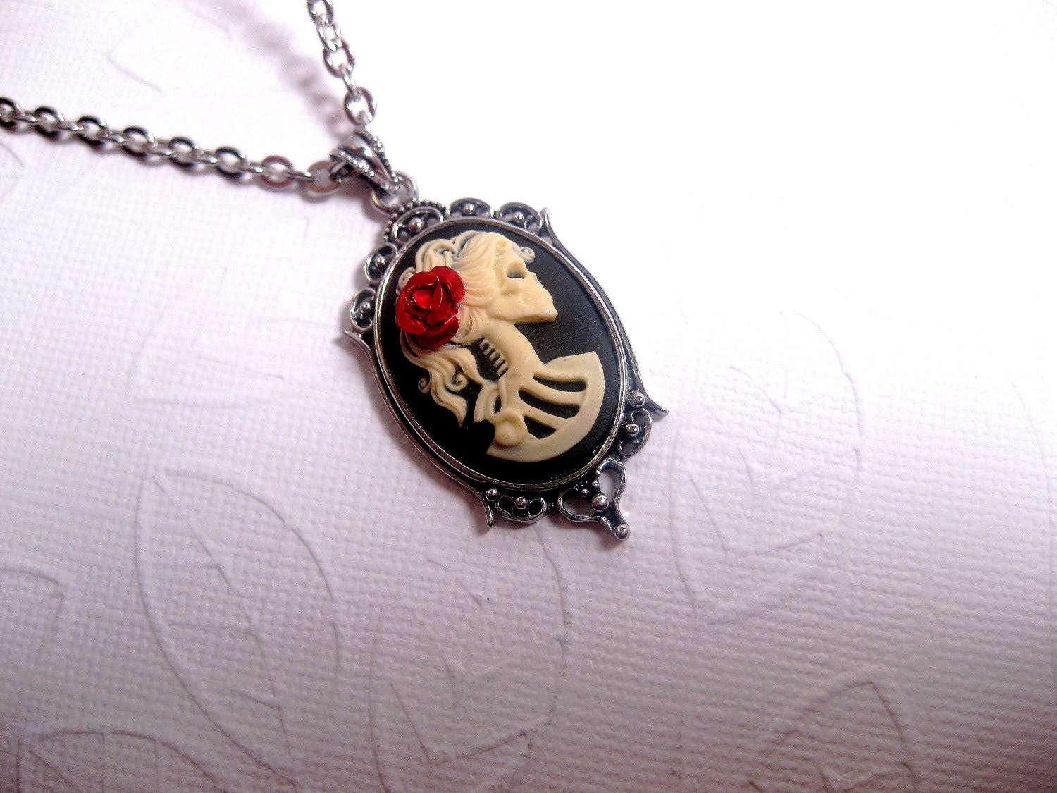 Romantic Gothic Fantasy Skull Or Skeleton Necklace With Red Rose - Cameo