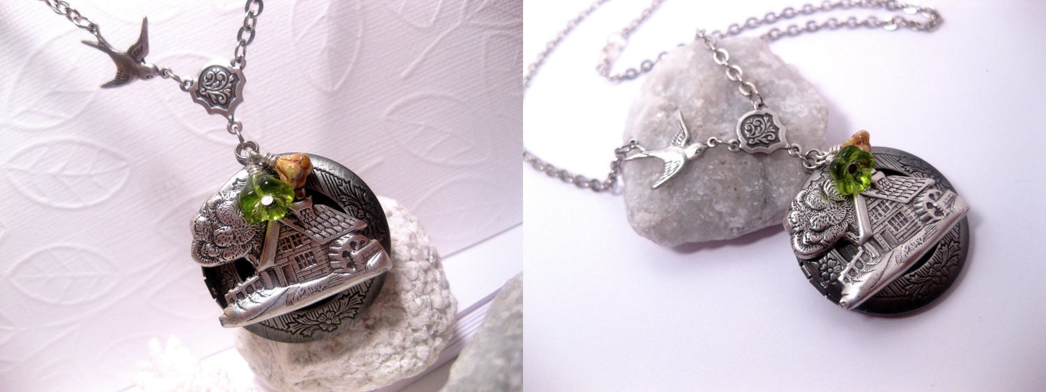 Country Home Silver Locket Necklace With Bird And Green