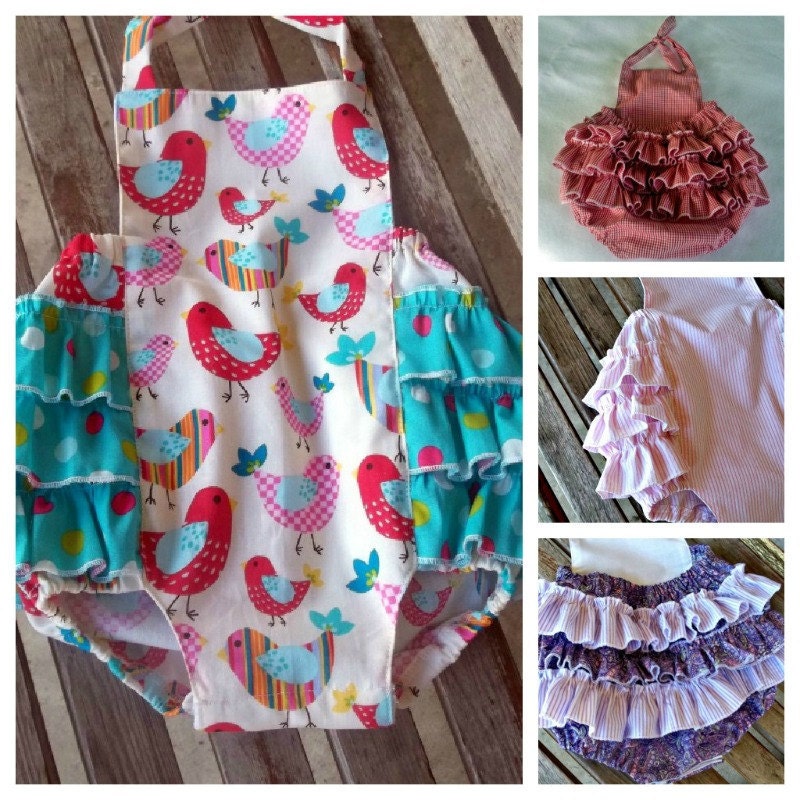 Retro Bird Bubble Romper, 1st Birthday Outfit, Fall Children Clothing, Baby Girl Sunsuit, Vintage Cottage Chic Children, Ruffle Romper